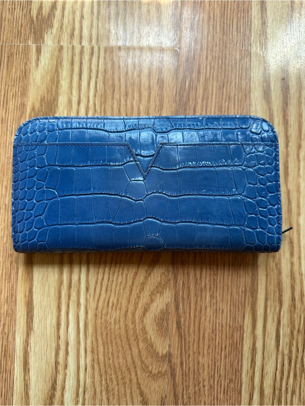 Vince Blue Croc Stamped Leather Zip Around Clutch Designer Wallet